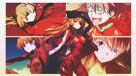 HD PC desktop wallpaper featuring Asuka Langley Sohryu from the anime Evangelion: 3.0 You Can (Not) Redo in dynamic poses with red and orange tones.