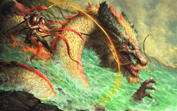Fantasy Dragon Creature Warrior Ocean Sea HD Wallpaper | Background Image