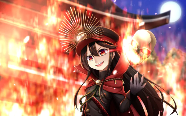 2K Quad HD PC wallpaper/background: Fate/Grand Order anime Nobunaga Oda in crimson samurai armor, grinning amid roaring flames with a moonlit sky behind.
