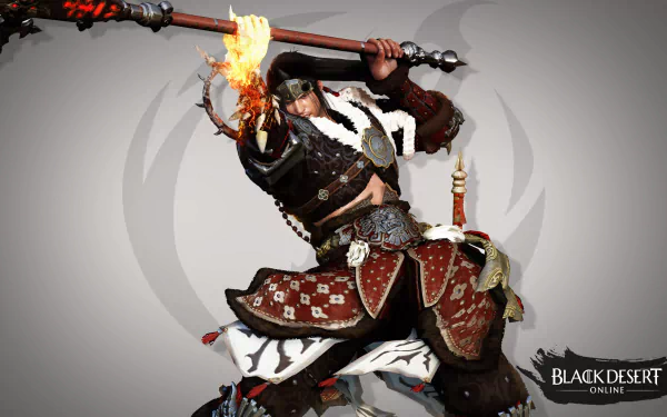 Musa (Black Desert Online) in a dynamic battle pose, flaming weapon raised — HD PC desktop wallpaper/background from the Black Desert Online video game.