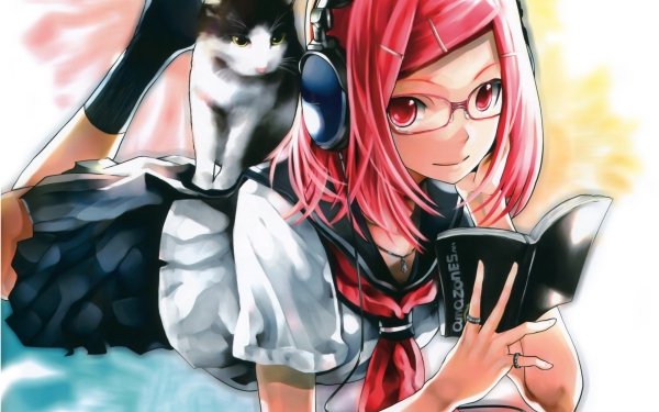 Anime Headphones Book Cat Smile Glasses Short Hair Pink Hair Red Eyes HD Wallpaper | Background Image