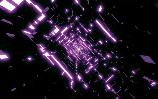 Abstract 3D artistic image featuring a square tunnel with glowing purple lights on a black background. This HD wallpaper makes for an intriguing desktop background.