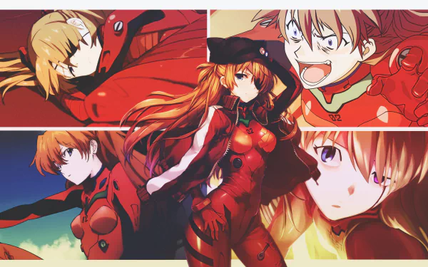 HD PC desktop wallpaper featuring Asuka Langley Sohryu from the anime Evangelion: 3.0 You Can (Not) Redo in dynamic poses with red and orange tones.