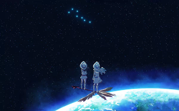 Diana Cavendish and Akko Kagari from Little Witch Academia float on brooms above Earth, gazing at stars in this HD desktop wallpaper. The night sky is vast and filled with constellations.