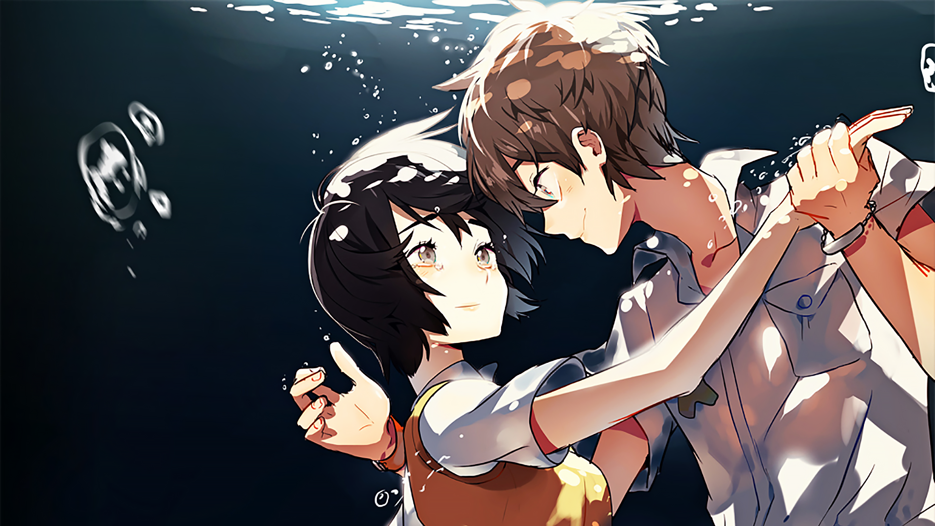 HD PC desktop wallpaper/background — Zankyou No Terror anime: two characters suspended underwater, a boy and girl in a close embrace as bubbles and light drift above.