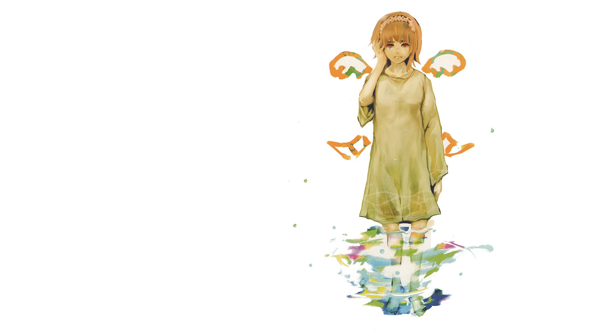 HD PC desktop wallpaper featuring Hinami Fueguchi from the anime Tokyo Ghoul, standing with a calm expression and abstract watercolor reflections below.