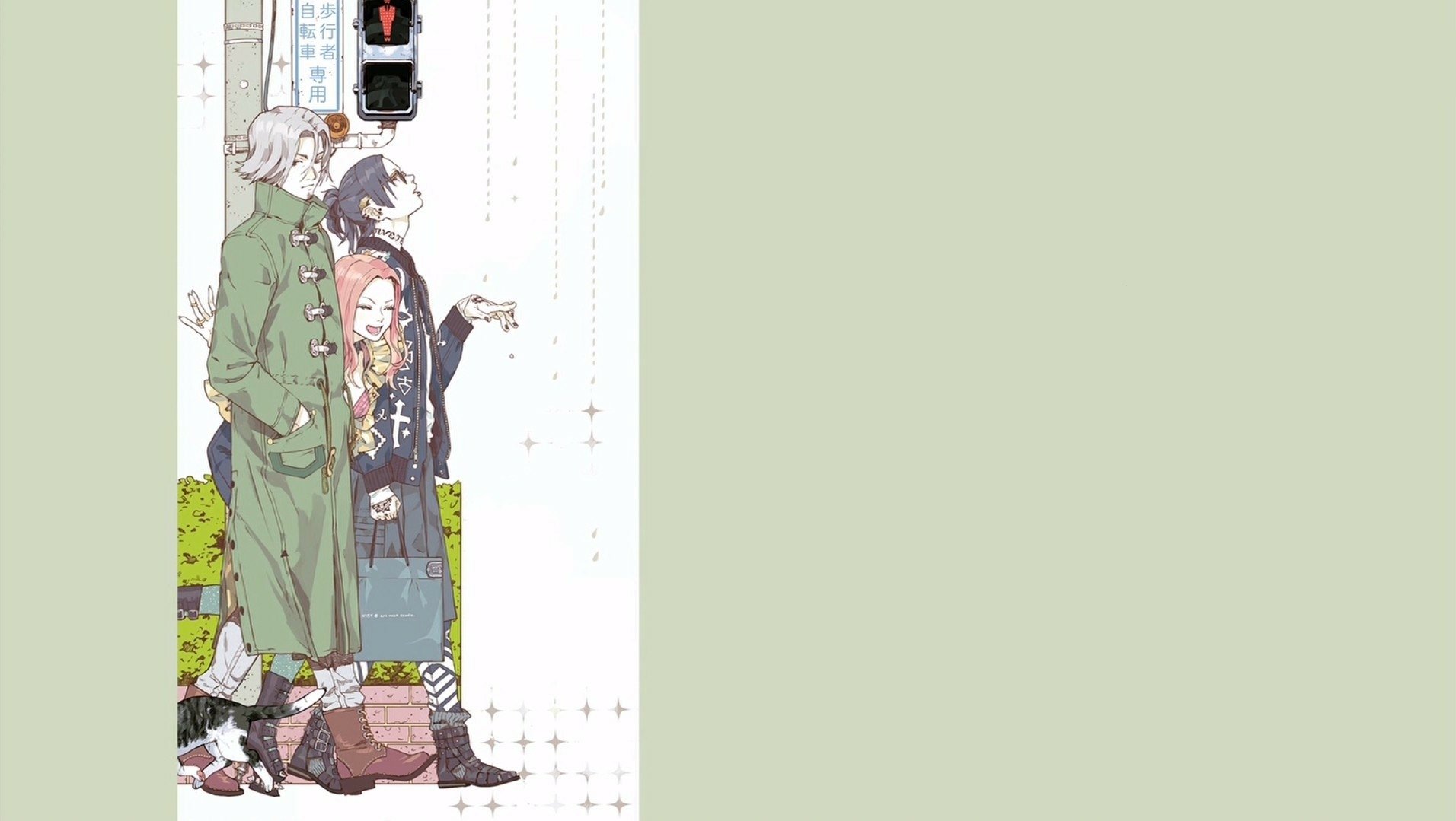 Anime-inspired HD wallpaper featuring characters from Tokyo Ghoul, showcasing a blend of vibrant colors and intricate designs set against a soft green background.