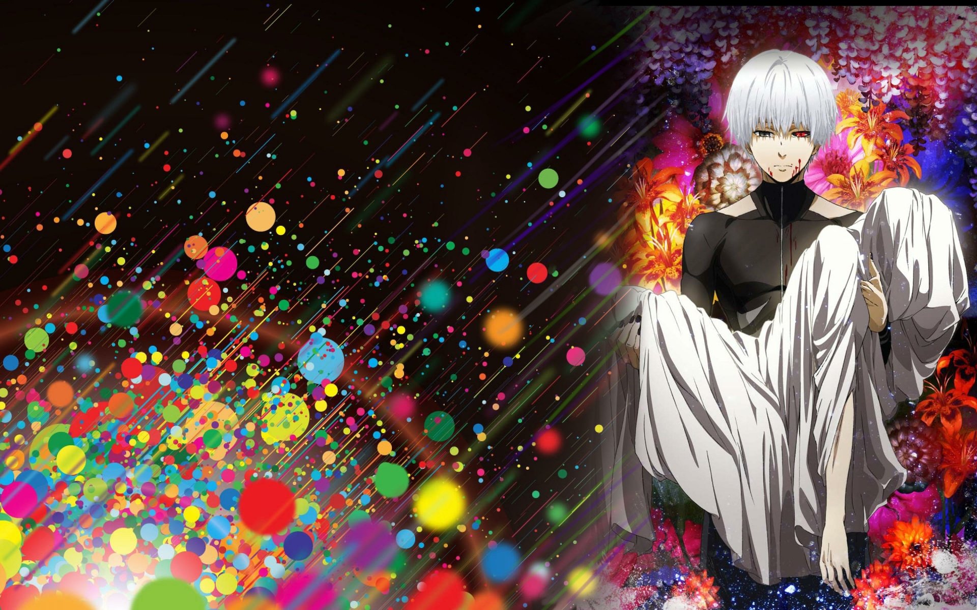 HD PC desktop wallpaper featuring Ken Kaneki from the anime Tokyo Ghoul, with vibrant colorful splashes and dark contrasting elements.
