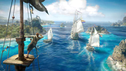 HD wallpaper of the video game Skull and Bones featuring pirate ships on a vibrant blue ocean, islands on the horizon, and a pirate in the crow's nest scanning the horizon.