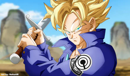 High-definition desktop wallpaper of Trunks from Dragon Ball Z, featuring an intense pose with a sword against a scenic background.