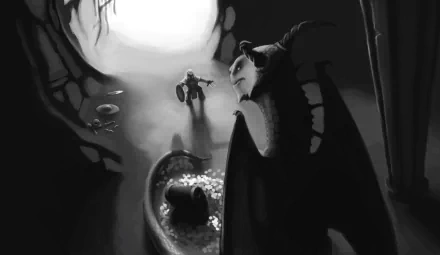 Monochrome fantasy scene featuring a knight warrior facing a dragon guarding treasure, set in a dark, atmospheric environment. HD PC desktop wallpaper and background.