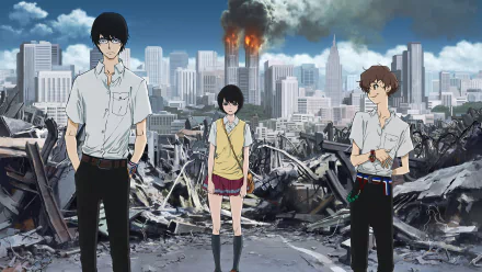HD PC desktop wallpaper featuring three characters from the anime Zankyou No Terror standing amidst a city devastated by destruction and rising smoke.