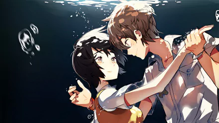 HD PC desktop wallpaper/background — Zankyou No Terror anime: two characters suspended underwater, a boy and girl in a close embrace as bubbles and light drift above.