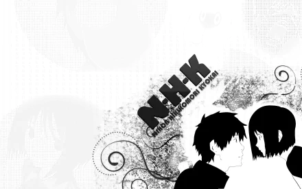 Black-and-white Anime 2K Quad HD PC desktop wallpaper: Welcome To The N.H.K. — two silhouetted characters facing each other with decorative swirls and the N.H.K. logo.