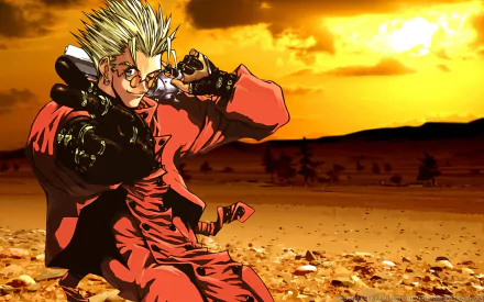 HD PC desktop wallpaper featuring Vash the Stampede from the anime Trigun against a dramatic desert sunset backdrop.