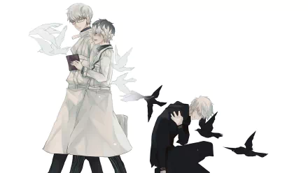 HD desktop wallpaper featuring Kishou Arima and Haise Sasaki from Tokyo Ghoul:re. The image showcases artistic renderings of the characters with symbolic elements and a white background.