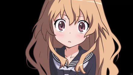 HD anime desktop wallpaper featuring Taiga Aisaka from Toradora! with long flowing hair and a surprised expression.