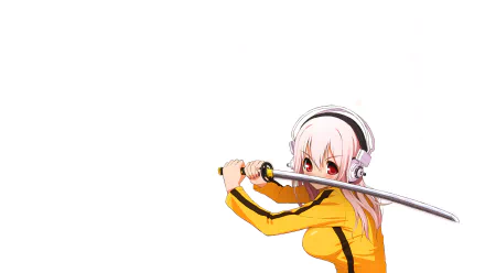 HD PC desktop wallpaper of anime Super Sonico — pink-haired, headphone-clad — wearing a yellow tracksuit and wielding a katana against a clean white background.