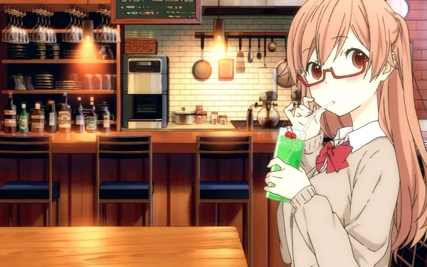 HD PC desktop wallpaper featuring Shiraishi from the anime Tanaka-kun is Always Listless, holding a green drink in a cozy café setting.