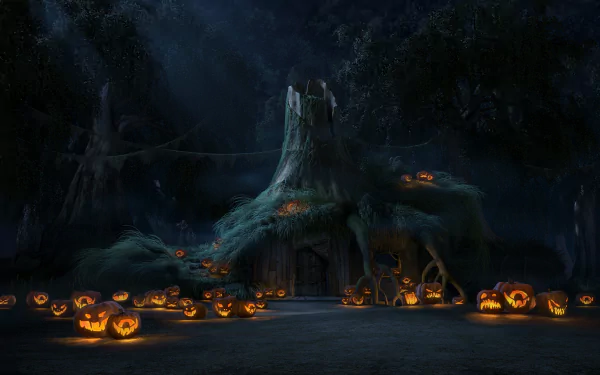 HD wallpaper of a Halloween night scene with glowing jack-o'-lanterns lighting a forest cottage, creating a spooky holiday atmosphere.