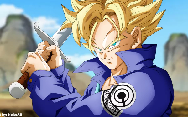 High-definition desktop wallpaper of Trunks from Dragon Ball Z, featuring an intense pose with a sword against a scenic background.