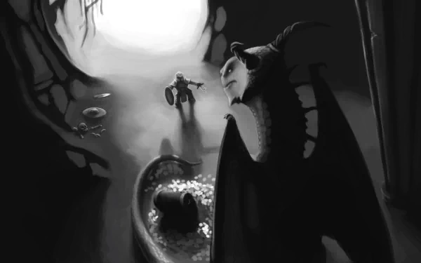 Monochrome fantasy scene featuring a knight warrior facing a dragon guarding treasure, set in a dark, atmospheric environment. HD PC desktop wallpaper and background.