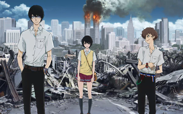 HD PC desktop wallpaper featuring three characters from the anime Zankyou No Terror standing amidst a city devastated by destruction and rising smoke.
