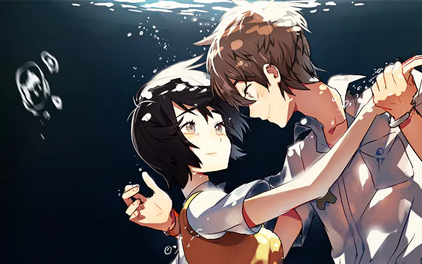 HD PC desktop wallpaper/background — Zankyou No Terror anime: two characters suspended underwater, a boy and girl in a close embrace as bubbles and light drift above.