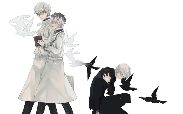 HD desktop wallpaper featuring Kishou Arima and Haise Sasaki from Tokyo Ghoul:re. The image showcases artistic renderings of the characters with symbolic elements and a white background.