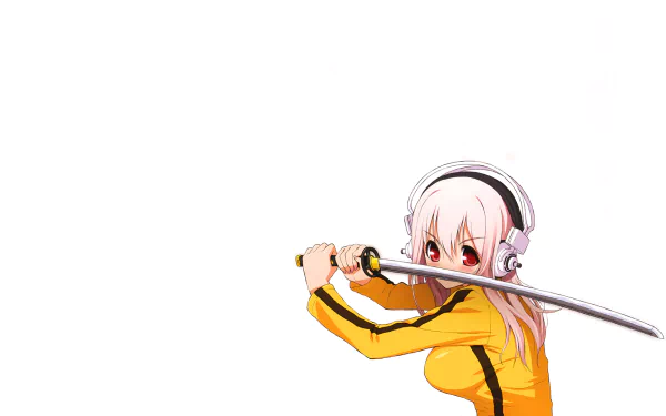 HD PC desktop wallpaper of anime Super Sonico — pink-haired, headphone-clad — wearing a yellow tracksuit and wielding a katana against a clean white background.