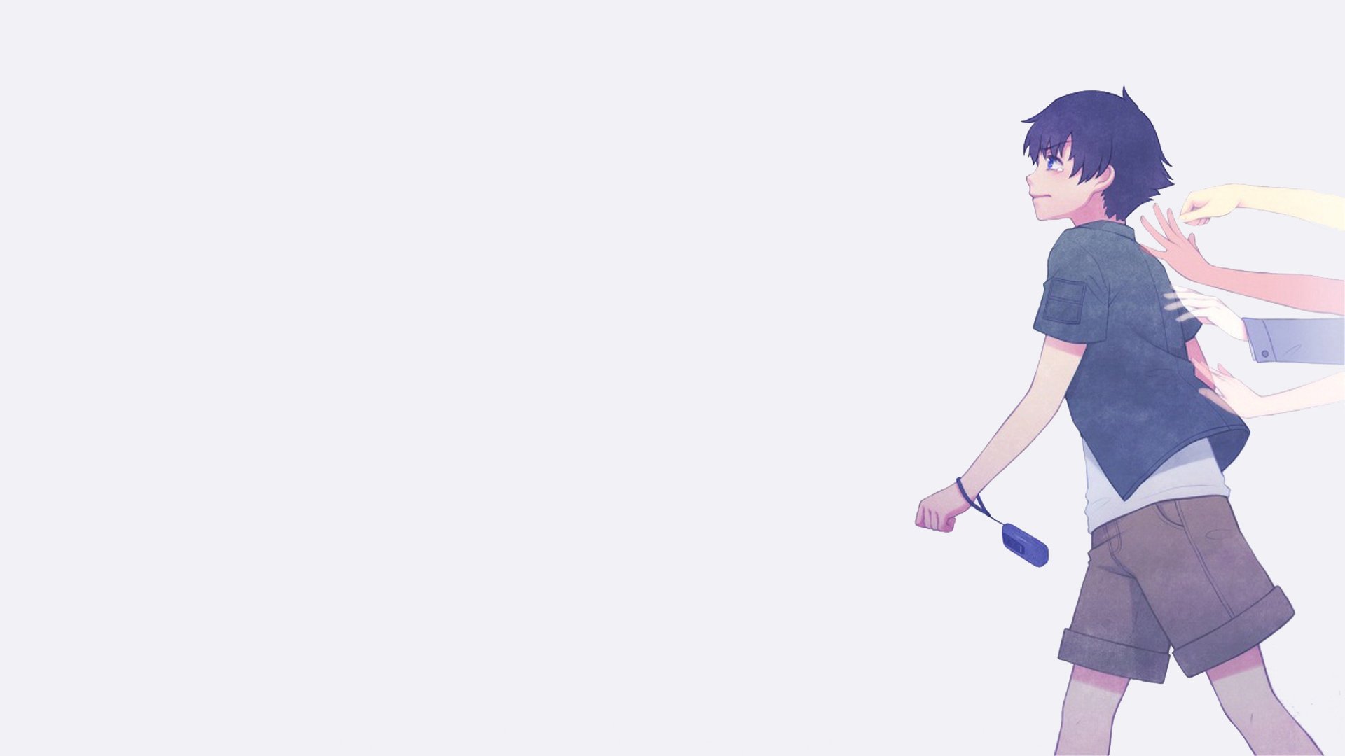 HD anime desktop wallpaper featuring Yukiteru Amano from Mirai Nikki with a minimalist, light background and dynamic pose.