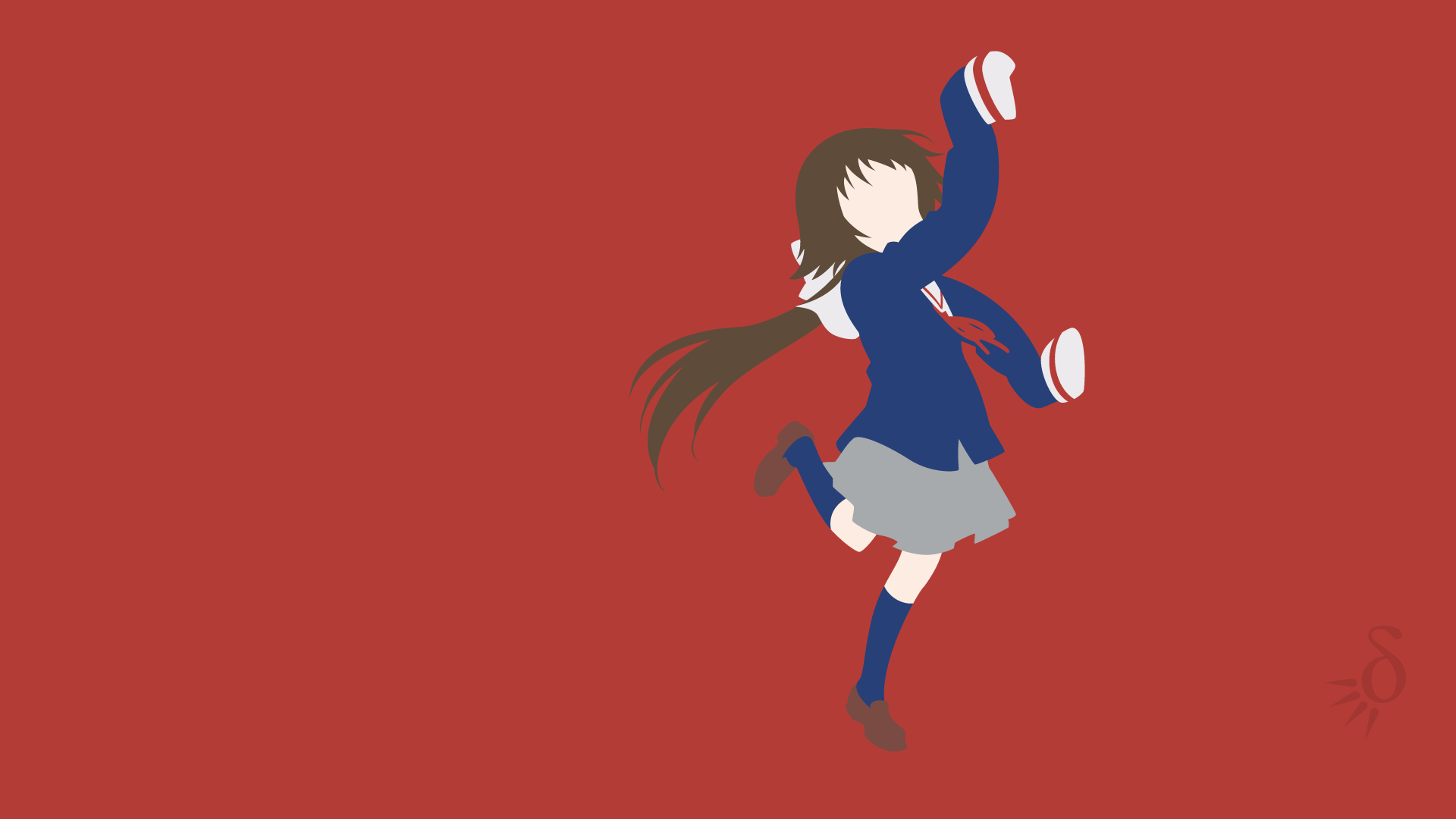 Anime HD PC desktop wallpaper: a schoolgirl from Engaged to the Unidentified in a blue uniform leaping joyfully against a flat red background.