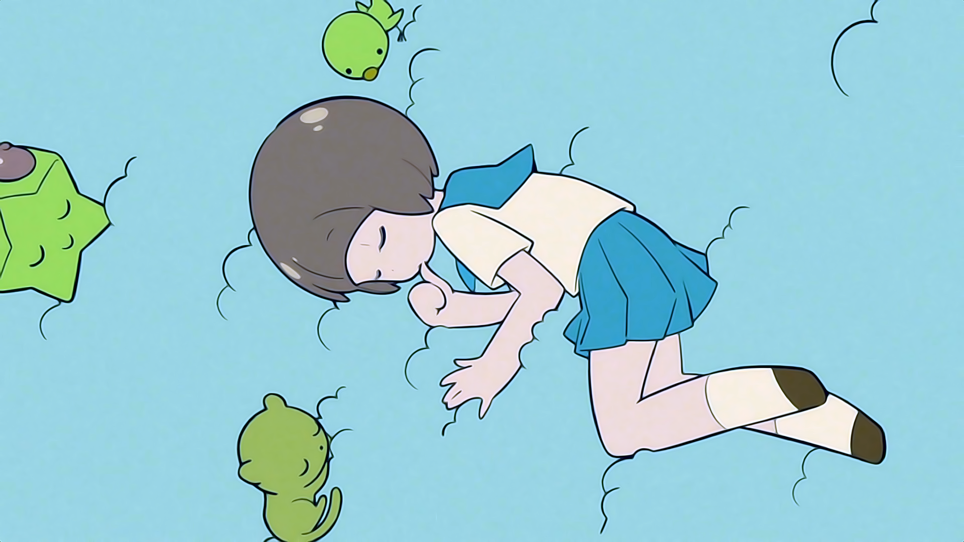 HD PC desktop wallpaper featuring Mako Mankanshoku from the anime Kill La Kill, depicted in a serene floating pose against a light blue background with small green creatures.