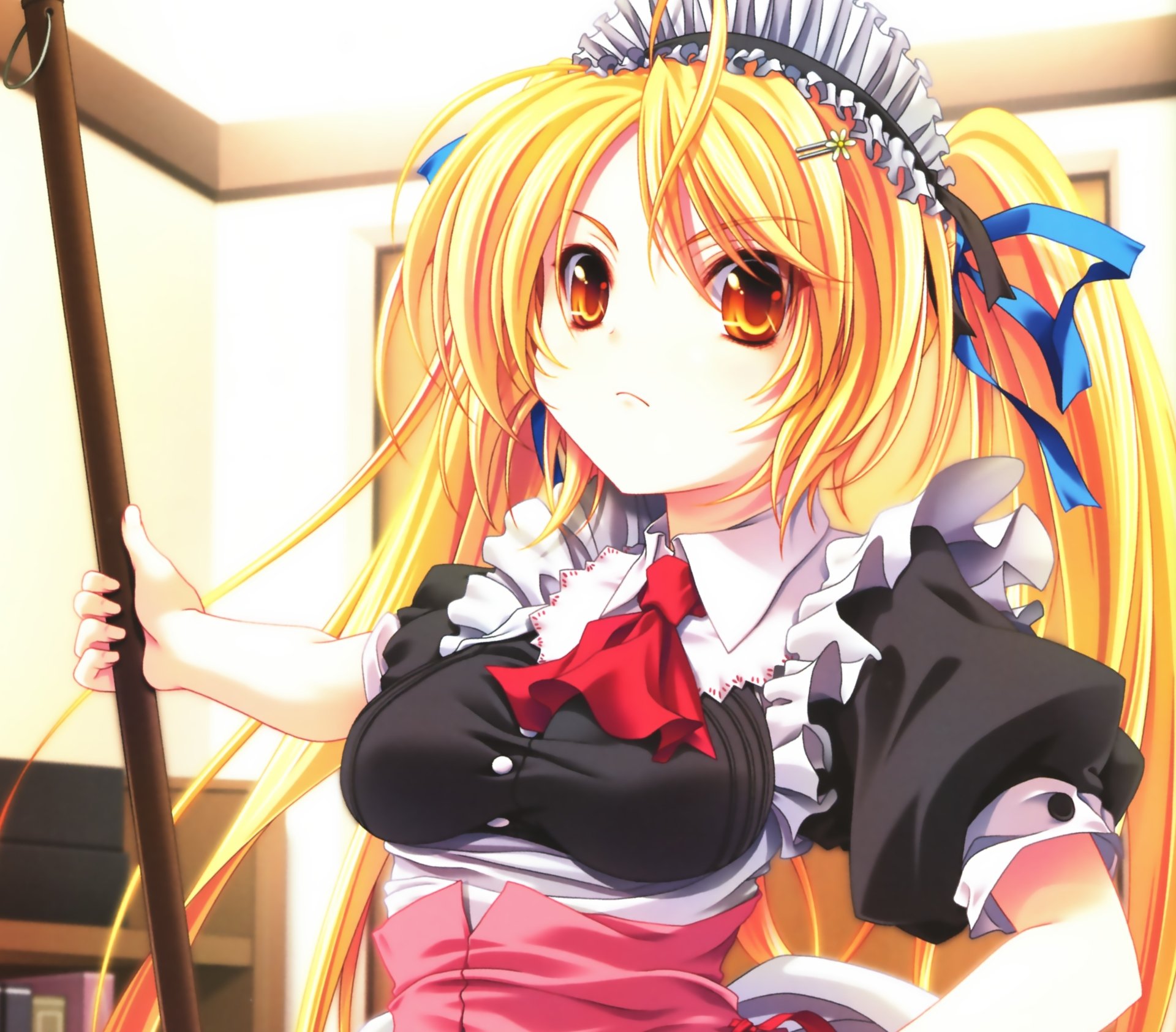 4K Ultra HD anime original: blonde, long-haired twin‑tail maid with orange eyes, frilly apron and red tie, styled as a PC desktop wallpaper.