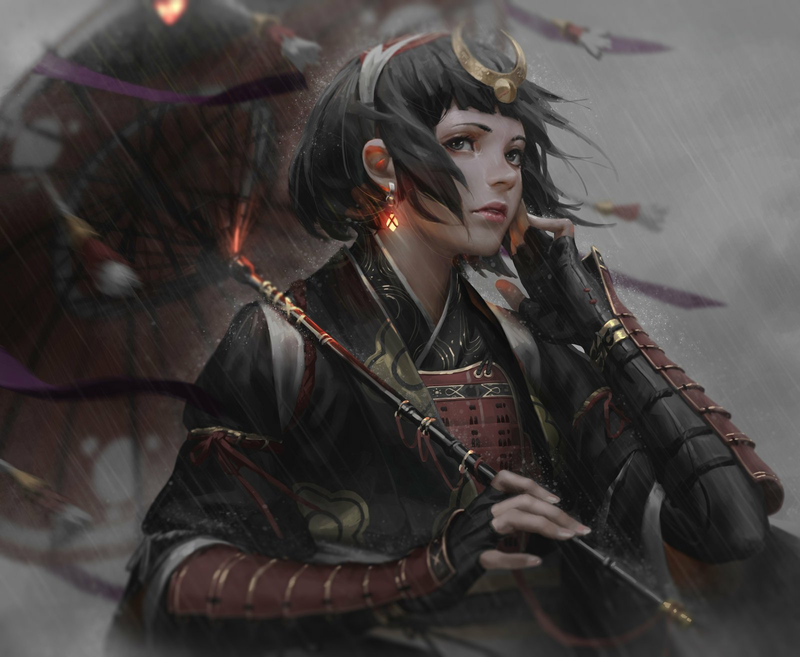 HD desktop wallpaper featuring a women warrior with short hair, wearing armor, hair ornament, and earrings, holding an umbrella in the rain. The setting exudes a fantasy atmosphere.