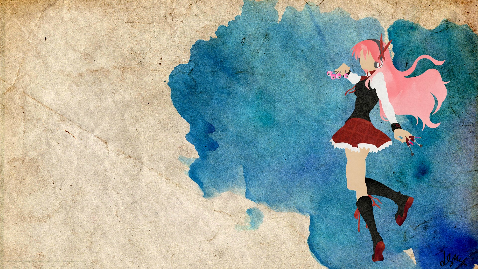 HD anime wallpaper featuring Chelsea from Akame ga Kill! against a textured background with blue watercolor splash.
