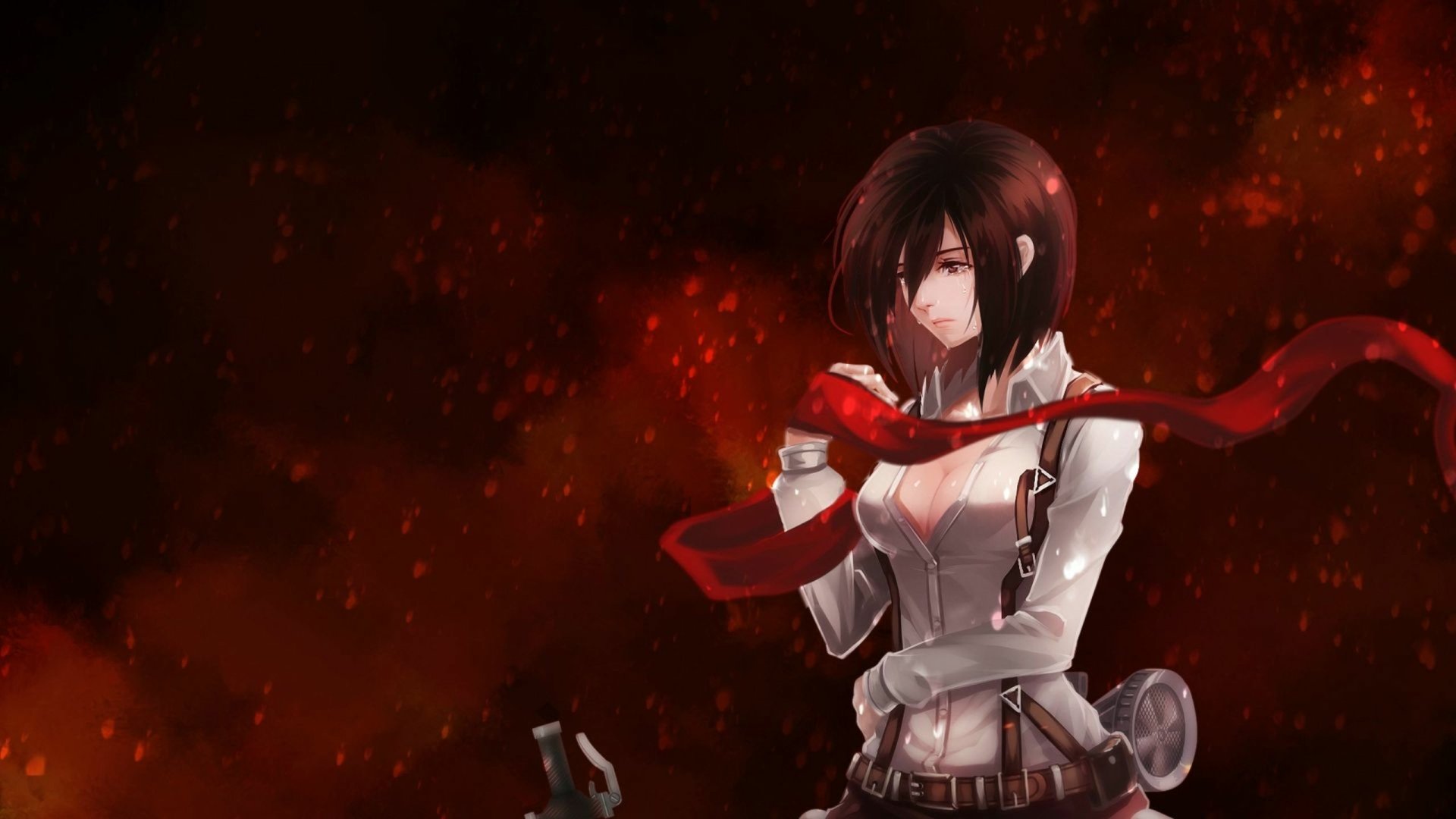HD PC desktop wallpaper featuring Mikasa Ackerman from the anime Attack on Titan, set against a fiery red and black background with her signature scarf flowing.
