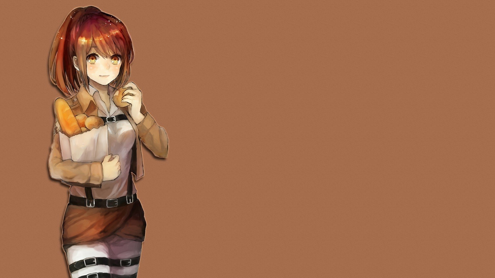 HD PC desktop wallpaper featuring Sasha Blouse from the anime Attack on Titan, holding a paper bag of bread against a solid brown background.