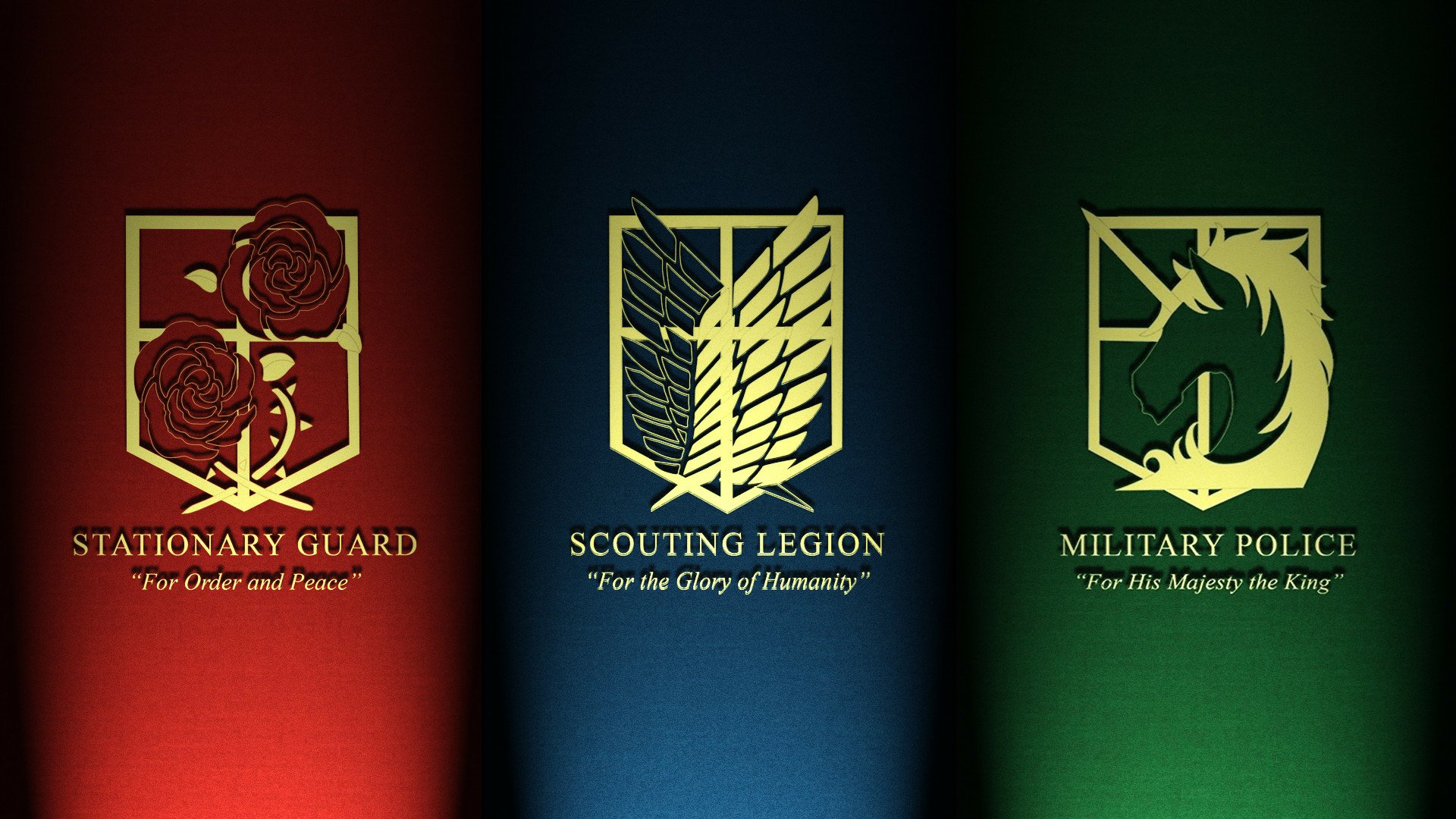 Anime-themed HD PC desktop wallpaper featuring the Attack on Titan emblems of the Stationary Guard, Scouting Legion, and Military Police on a tri-colored background.