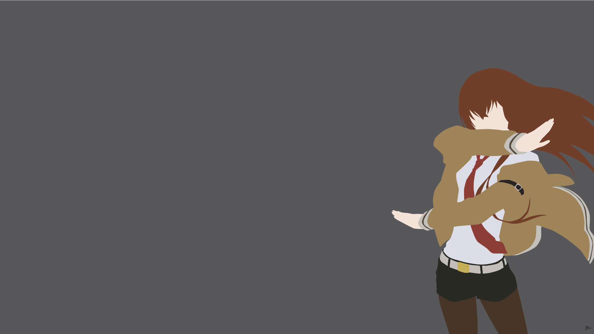 Minimalist HD PC desktop wallpaper featuring an anime-style character from Steins;Gate with flowing hair against a solid gray background.