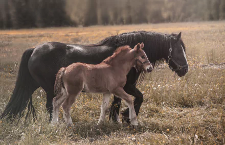 HD PC desktop wallpaper of a foal (baby animal) and its mare, a horse, walking together across a sunlit grassy field.