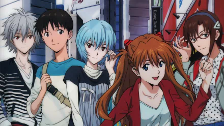 HD desktop wallpaper featuring Kaworu Nagisa, Mari Makinami Illustrious, Shinji Ikari, Rei Ayanami, and Asuka Langley Sohryu from the anime Evangelion: 2.0 You Can (Not) Advance, standing together in a cityscape.