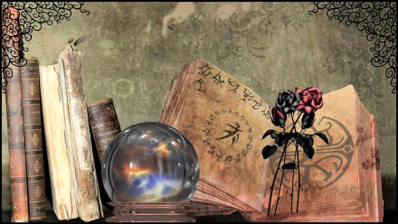 Artistic still-life HD PC desktop wallpaper background: open grimoire, glowing crystal ball, stacked books and a black-and-red rose, evoking magic.