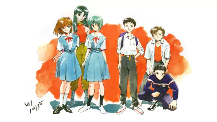 HD PC wallpaper featuring Misato Katsuragi, Shinji Ikari, Rei Ayanami, and Asuka Langley Sohryu from the anime Neon Genesis Evangelion, against a soft orange background.