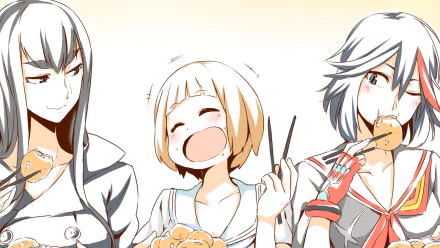 HD anime wallpaper featuring Mako Mankanshoku, Satsuki Kiryūin, and Ryūko Matoi from Kill La Kill enjoying food together.