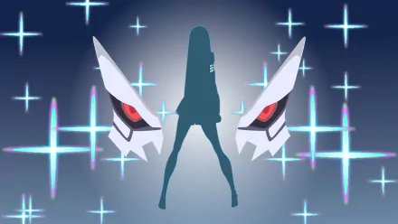 HD PC desktop wallpaper of Satsuki Kiryuin (Kill La Kill): teal silhouette centered with glowing red-eyed Kamui fragments flanking her, anime-style cross-shaped light effects on blue background.