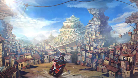 HD desktop wallpaper featuring Ryūko Matoi from the anime Kill La Kill, set against a vibrant, detailed background of a sprawling cityscape with a stunning, futuristic structure in the distance.