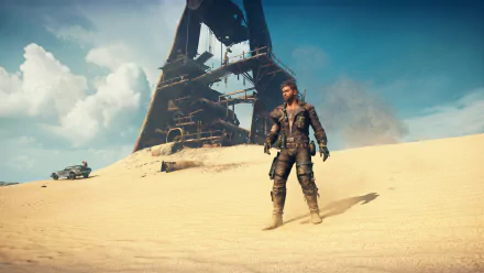 Mad Max video game 4K Ultra HD PC desktop wallpaper: lone armored wasteland warrior stands on sunbaked dunes before a towering rusted rig and a distant buggy under a bright blue sky.
