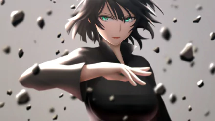 Anime character from One-Punch Man, depicted in HD with a confident pose and striking green eyes, surrounded by floating rocks. This image is a desktop wallpaper and background.