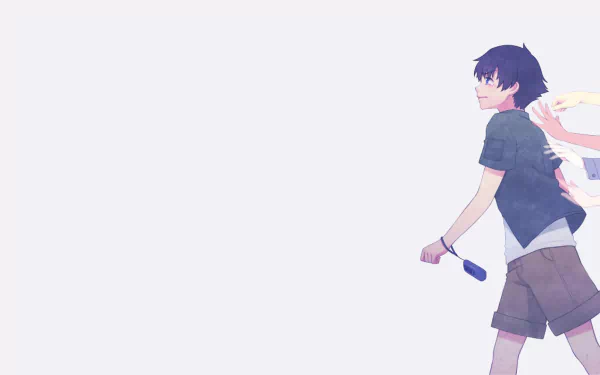 HD anime desktop wallpaper featuring Yukiteru Amano from Mirai Nikki with a minimalist, light background and dynamic pose.